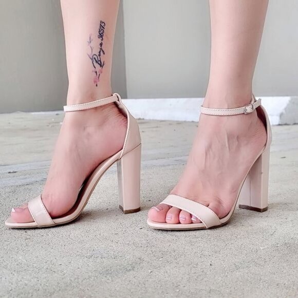 Shoes - Women's Pat Ankle Strap Block Heel Dress Sandals Nude Color
